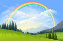 A Beautiful Landscape Of Vast Meadows, Mountains, Trees And A Rainbow. 