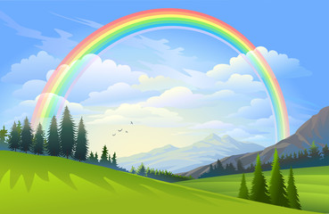 A beautiful landscape of vast meadows, mountains, trees and a rainbow. 