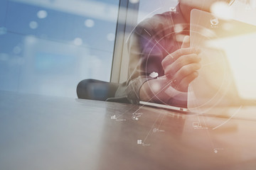 Poster - businessman working with mobile phone and digital tablet and laptop computer on wooden desk in modern office with virtual icon diagram