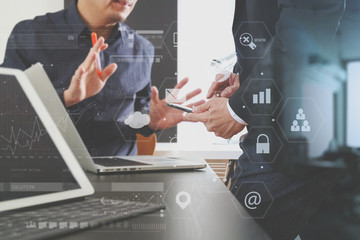 Poster - co working team meeting concept,businessman using smart phone and digital tablet and laptop computer in modern office