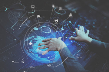 Poster - businessman hand working with modern computer in modern office with virtual icon diagram