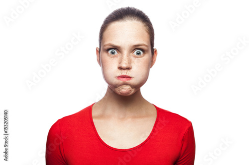 Fotografie, Obraz Portrait of bored unhappy woman in red t-shirt with freckles