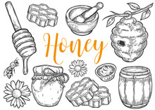 Honey Jar, Barrel, Spoon, Bee, Honeycomb, Chamomile, Vintage Set. Engraved Organic Food Hand Drawn Sketch Illustration. Black Isolated On White Background.