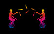 Men juggling pins while cycling together designed using melting colors graphic vector.