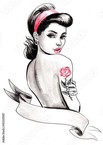 Naklejka dekoracyjna Pinup beauty with a rose tattoo