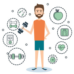 Poster - Exercising man holding a dumbbell surrounded by related object stickers over white background. Vector illustration.