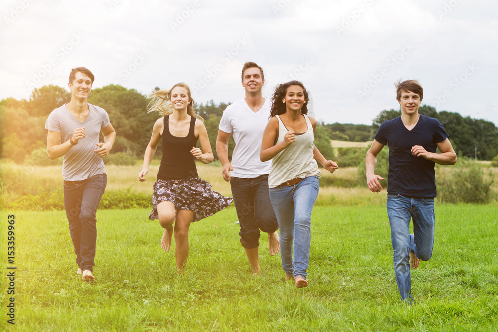 gruppe junger leute rennt über eine wiese im sommer - obrazy, fototapety, plakaty 