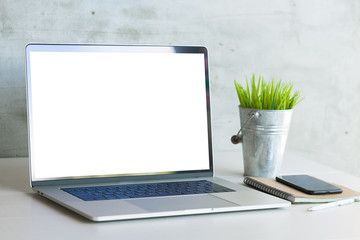 Poster - laptop computer on work desk showing white blank screen