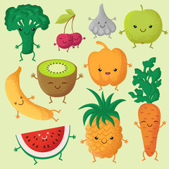 Sticker - Happy cartoon fruits and garden vegetables with funny cute faces vector characters