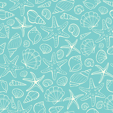 Seamless Background From Hand Drawn Sea Shells And Stars. Marine Illustration Of Shellfish.