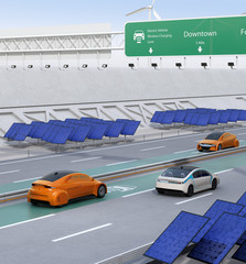 Wall Mural - Electric cars driving on the wireless charging lane of the highway.  Solar panel station on the roadside. 3D rendering image.