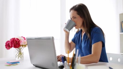 Sticker - woman with laptop and coffee at home or office