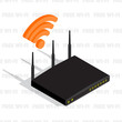 Isometric wireless router device with three antennas, wifi icon. Internet network, wifi router communication, vector illustration. Free wifi pattern background.