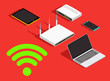 Technology concept background, wireless devices sharing wifi network. Bandwidth connection wi-fi icon, tablet, smartphone, modem, router vector illustration.