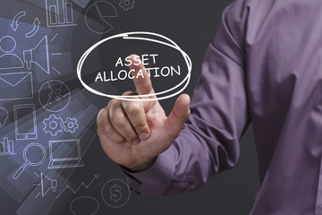 Business, Technology, Internet and network concept. Young businessman shows the word: Asset allocation