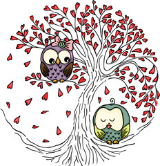 Canvas Print - Couple owls in the love tree