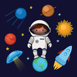 Fototapeta  - Little girl spaceman in space, rocket satellite UFO planets stars, cartoon vector illustration isolated on dark background. Little girl, kid spaceman in space, shuttle, satellite, planets, stars