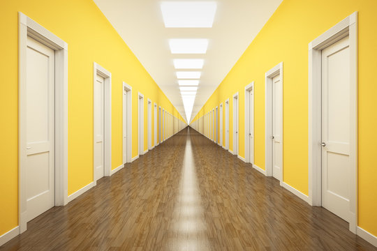 an endless corridor with lots of white doors