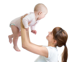 Fototapete - Happy mother holding adorable baby isolated on white