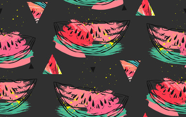 Hand drawn vector abstract collage seamless pattern with watermelon motif and triangle hipster shapes isolated on black background.Unusual decoration for summer time wedding,birthday,save the date