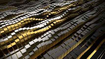 Poster - 3d render abstract metallic background illustration. Metal rectangles. Geometry primitives with random vertical position.
