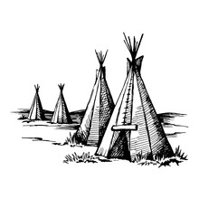 Native American Wigwam, Hand Drawn Engraving Imitation