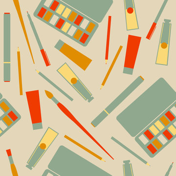 Drawing tools. Watercolor paints, pencils, brushes, markers. Vector pattern.