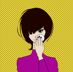  Girl cleans her face with cosmetic lotion, deleting makeup. Vector stock illustration.
