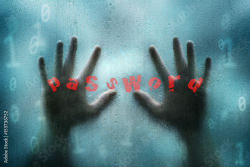 Valokuva Conceptual blue colored grunge binary numbers illustration background with hacker hands searching computer password