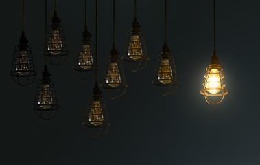 Wall Mural - Hanging compose retro light bulb decor glowing in gray background .