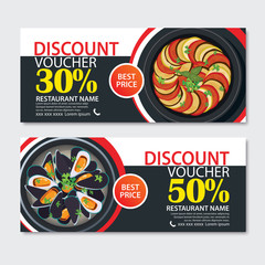 Wall Mural - Discount voucher french food template design. Set of ratatouille, musssels