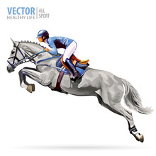 Jockey On Horse. Champion. Horse Riding. Equestrian Sport. Jockey Riding Jumping Horse. Poster. Sport Background. Isolated Vector Illustration.
