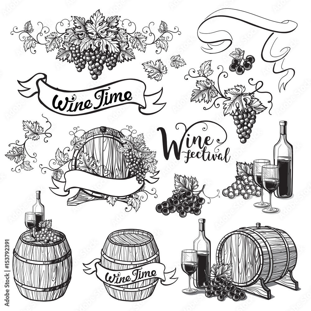Set of wine emblems in graphic style hand-drawn vector illustration ...