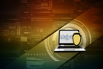 Poster - laptop with shield. Isolated 3d rendering image
