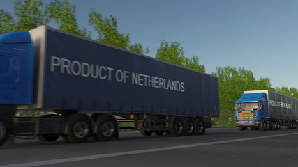 Wall Mural - Moving freight semi trucks with PRODUCT OF NETHERLANDS caption on the trailer. Road cargo transportation. 3D rendering