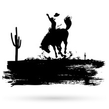 Grunge Banner, Silhouette Of A Cowboy Riding A Wild Horse, Vector