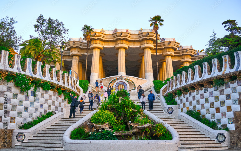 Park Guell Architecture Details of Gaudi Entrance. - obrazy, fototapety, plakaty 