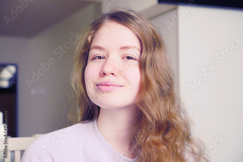 Portrait Of Cute Beautiful Young Girl With Blonde Hair Close Up