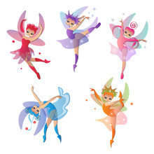 Colorful Set Of Cute Girly Fairies Pretty Dresses