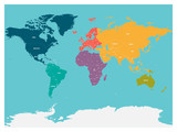 Fototapeta Mapy - Political map of world with Antarctica. Continents in different colors on blue background. White labels with states and significant dependent territories names. High detail vector illustration.