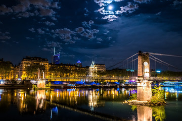 Wall Mural - Blue Hour in Passerelle du college in Lyon with full moon