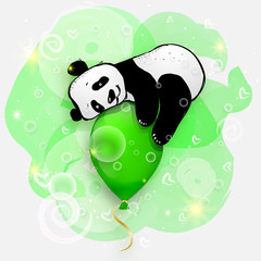 Wall Mural - cute little panda on green air balloon, birthday card illustration