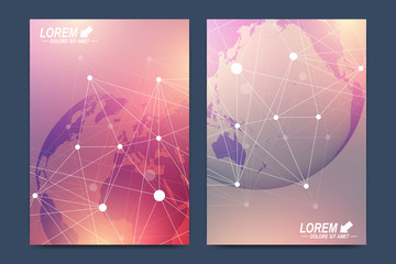 Aufkleber - Modern vector template for brochure, Leaflet, flyer, advert, cover, catalog, magazine or annual report. Business, science, medical design. Scientific cybernetic globes. Lines plexus. Card surface.