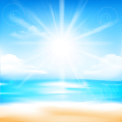 Poster - Abstract blur sand beach  and blue sky background with sunlight and flare element for summer vector illustration eps10