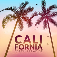 California Background With Palm. Vector Background Beach. Summer Tropical Banner Design. Paradise Poster Template Illustration
