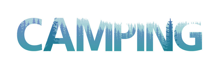 Double exposure Camping text letter with pine forest background vector illustration