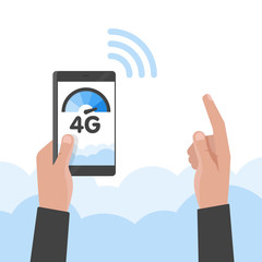 Poster - Hand holding phone fast 4g internet technology. Smartphone screen vector illustration
