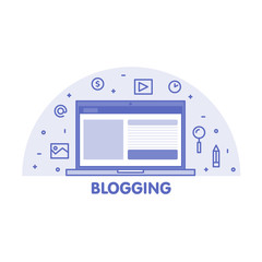 Aufkleber - Line Blogging concept. Laptop screen and icon set vector illustration