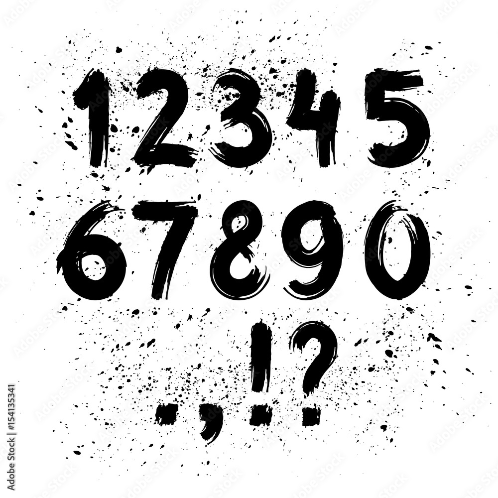 Hand written calligraphy alphabet black ink brush lettering, numbers ...