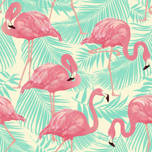 Flamingo Bird And Tropical Palm Background - Seamless Pattern Vector